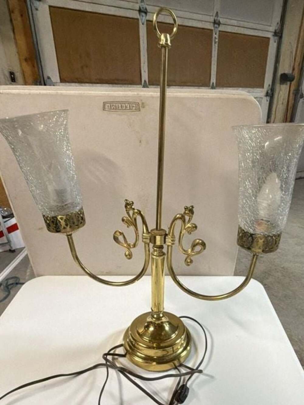 Vintage Brass Bouillotte Table Lamp with Two Crackle Glass Shades